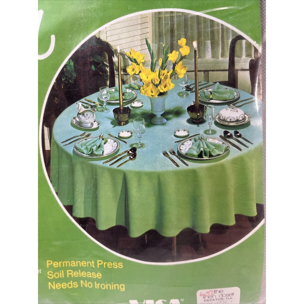 Vtg KEMP & BEATLEY NO. 150 Round Retro 70s Green 52" X 72" Viva‎ Visa Tablecloth